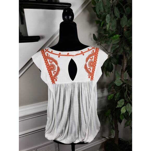 Free People Top Women XS White Orange Embroidered Boho Keyhole Cotton - Picture 10 of 14